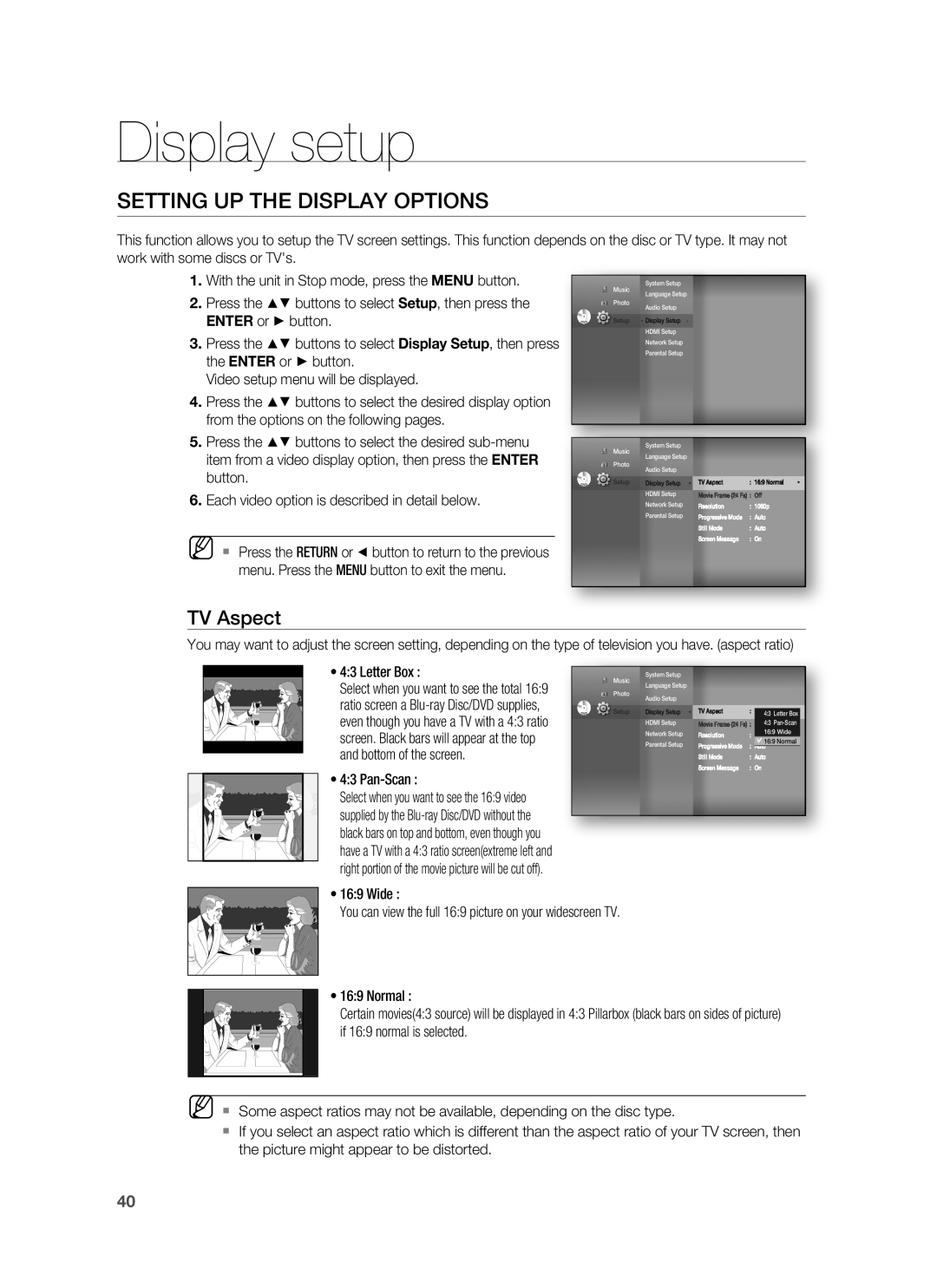 Samsung HT-BD7255R/XER manual Display setup, Setting UP the Display Options, TV Aspect, Pan-Scan 