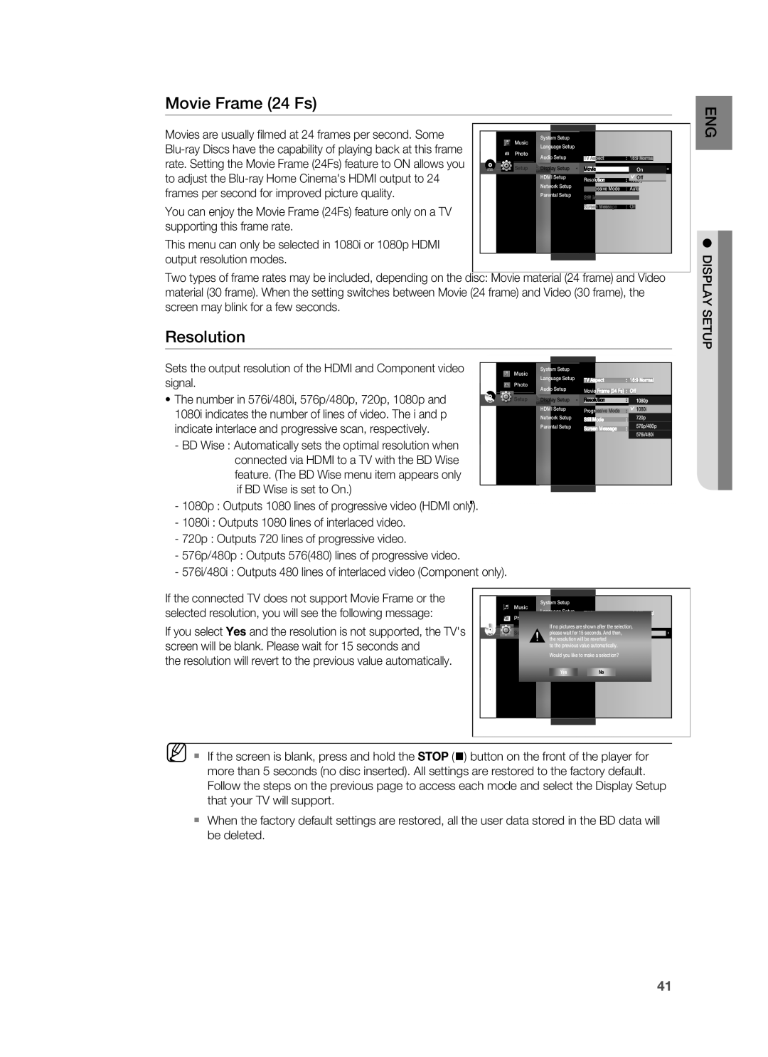 Samsung HT-BD7255R/XER manual Movie Frame 24 Fs, Resolution 