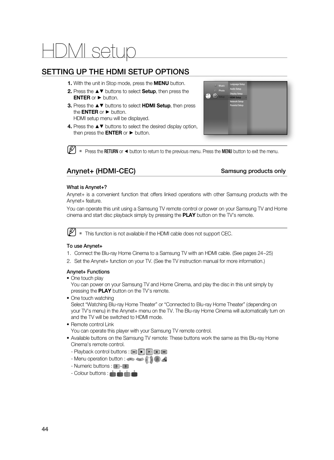 Samsung HT-BD7255R/XER manual Hdmi setup, Setting UP the Hdmi Setup Options, Anynet+ HDMI-CEC, Samsung products only 