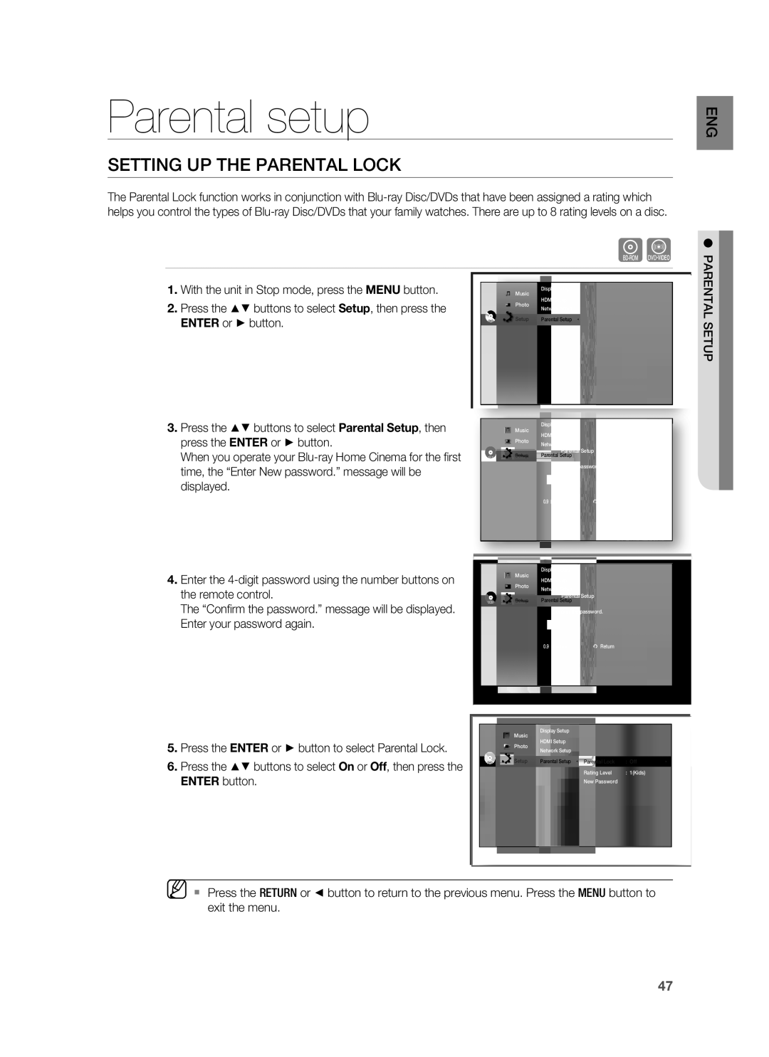 Samsung HT-BD7255R/XER manual Parental setup, Setting UP the Parental Lock, Parental Setup 