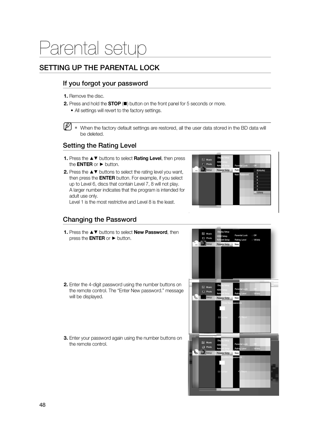 Samsung HT-BD7255R/XER manual If you forgot your password, Setting the Rating Level, Changing the Password 