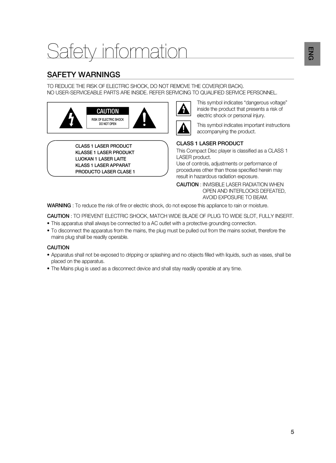 Samsung HT-BD7255R/XER Safety information, Safety Warnings, This symbol indicates dangerous voltage, Class 1 Laser Product 