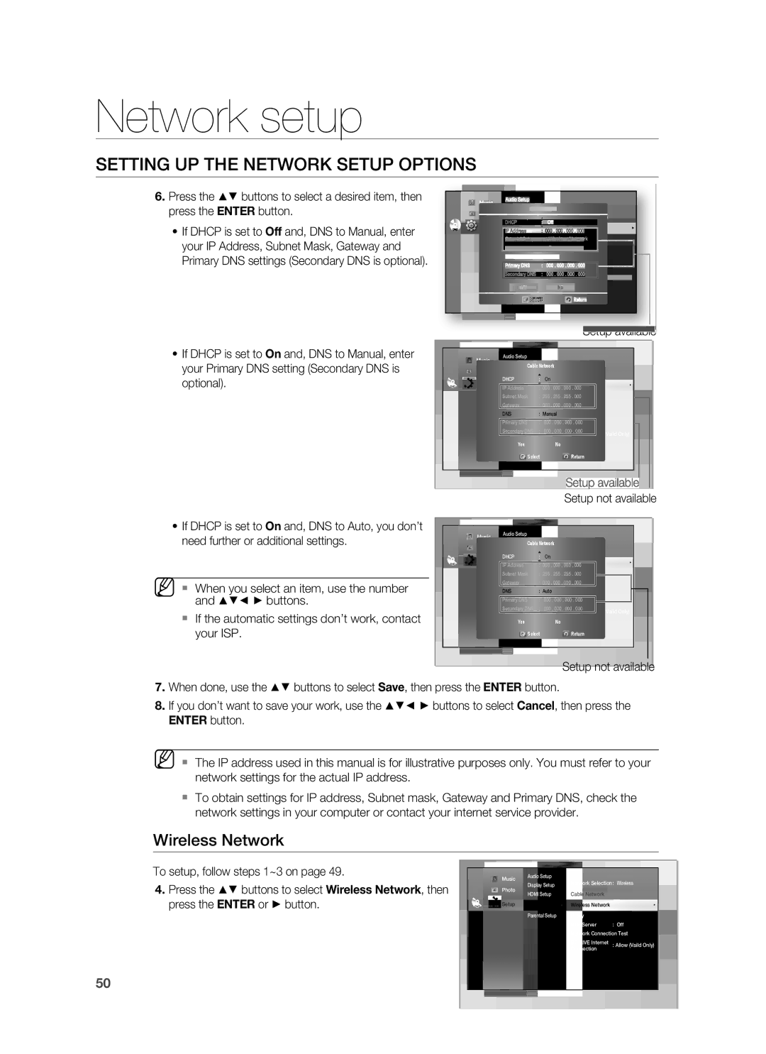 Samsung HT-BD7255R/XER manual Network setup, Wireless Network, Setup available, Need further or additional settings 