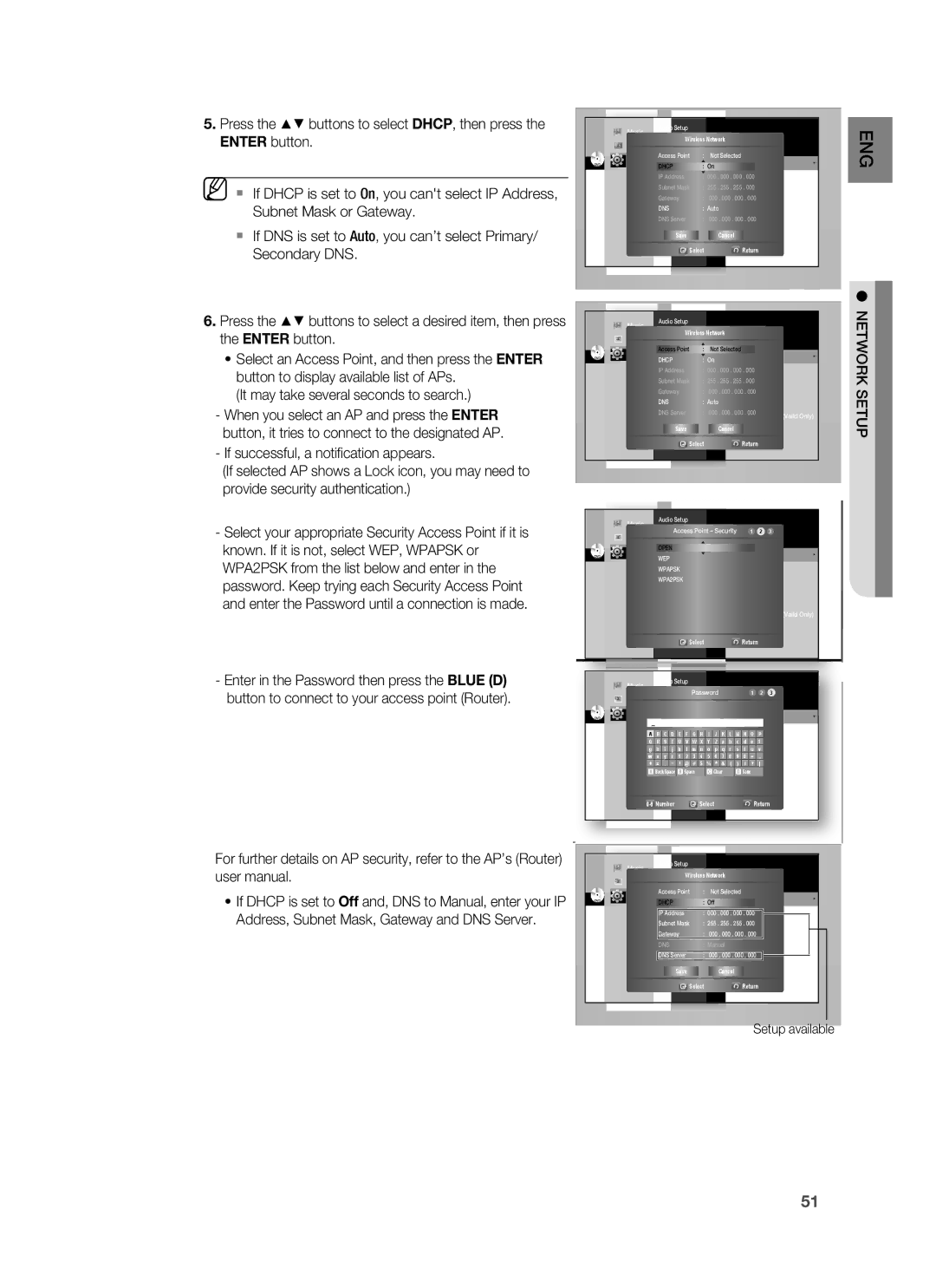 Samsung HT-BD7255R/XER Press the buttons to select DHCP, then press, Enter button, Subnet Mask or Gateway, Secondary DNS 