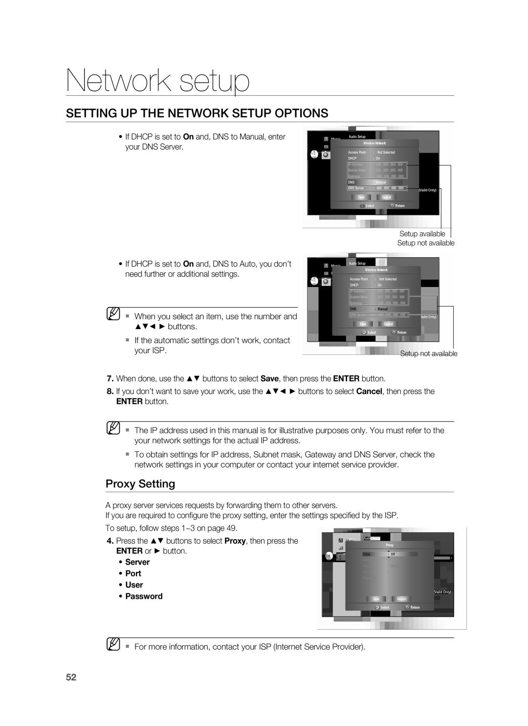 Samsung HT-BD7255R/XER manual Proxy Setting, If Dhcp is set to On and, DNS to Auto, you don’t, Buttons 