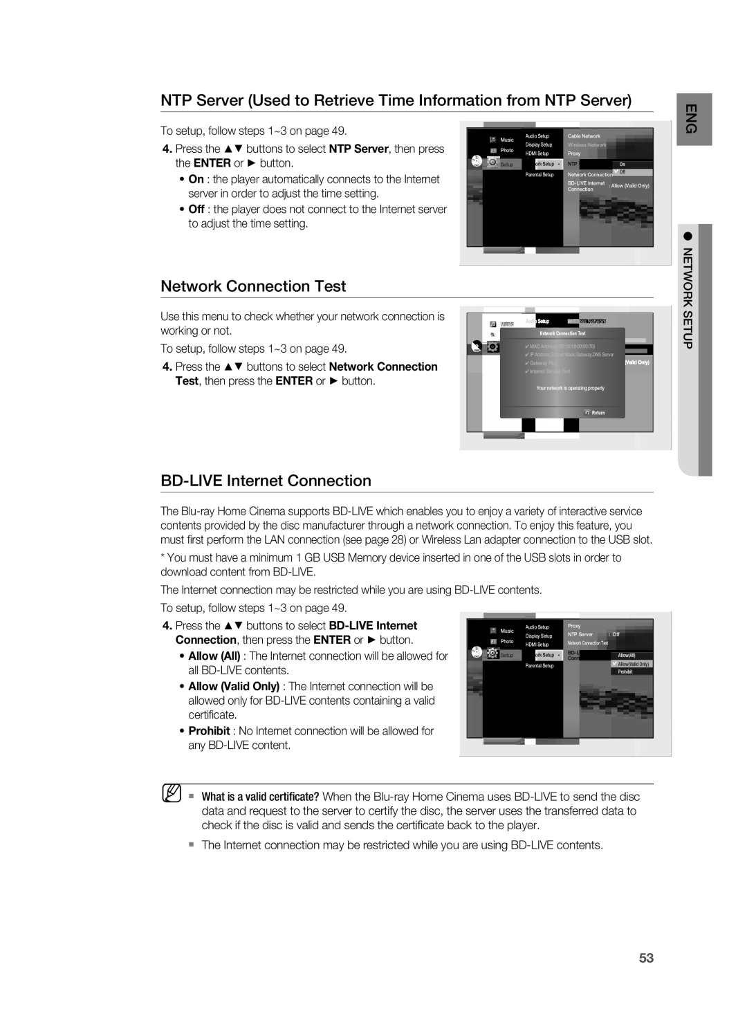 Samsung HT-BD7255R/XER manual Network Connection Test, BD-LIVE Internet Connection, Setup 