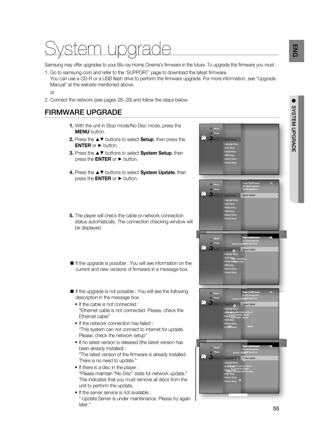 Samsung HT-BD7255R/XER manual System upgrade, Firmware Upgrade 