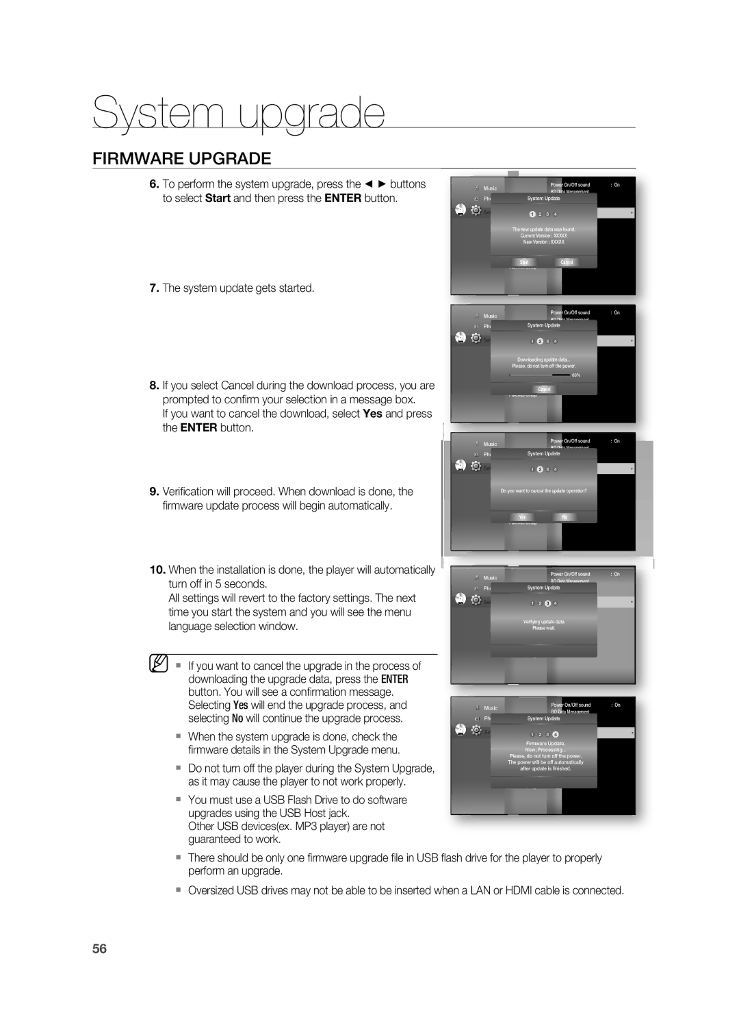 Samsung HT-BD7255R/XER To perform the system upgrade, press the buttons, To select Start and then press the Enter button 