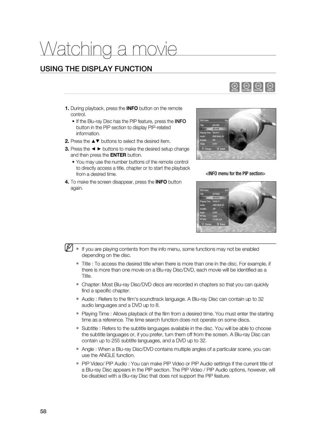 Samsung HT-BD7255R/XER manual Watching a movie, Using the Display Function, Info menu for the PIP section 