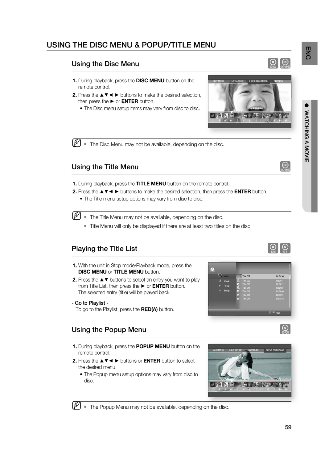 Samsung HT-BD7255R/XER manual Using the Disc Menu & POPUP/TITLE Menu, Using the Title Menu, Playing the Title List 