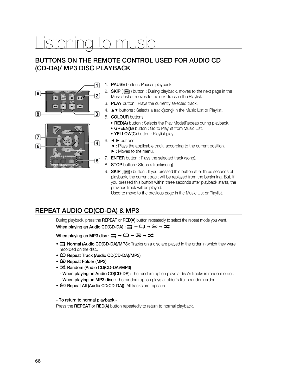 Samsung HT-BD7255R/XER manual Listening to music, Repeat Audio CDCD-DA & MP3 