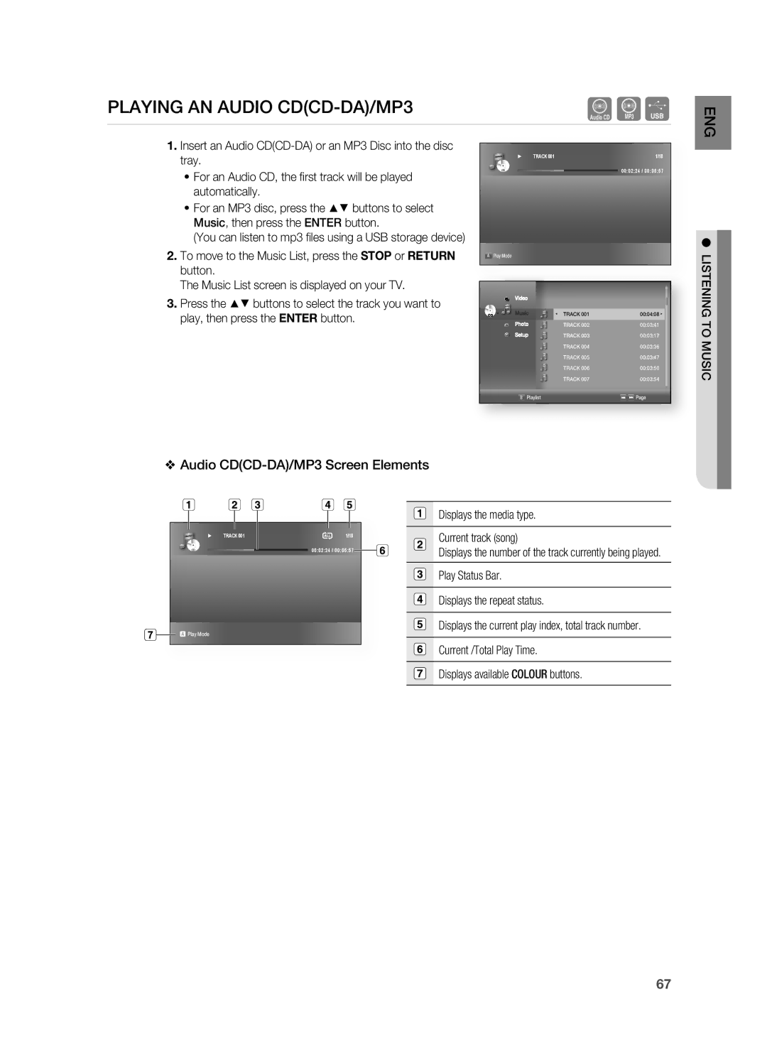 Samsung HT-BD7255R/XER manual Playing AN Audio CDCD-DA/MP3, Audio CDCD-DA/MP3 Screen Elements, Listening to Music 