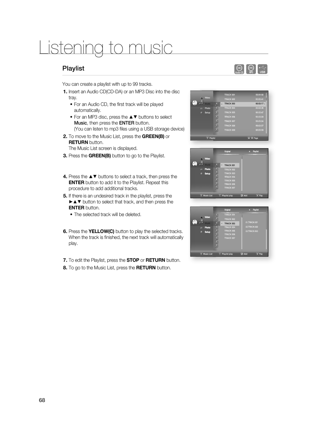 Samsung HT-BD7255R/XER manual Playlist, To go to the Music List, press the Return button 