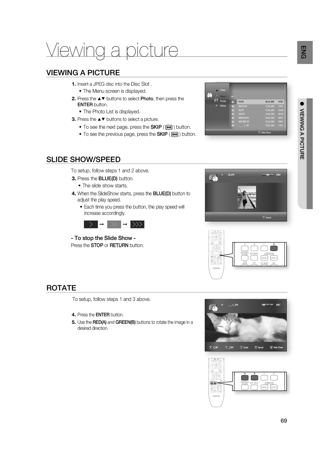 Samsung HT-BD7255R/XER manual Viewing a picture, Viewing a Picture, Slide SHOW/SPEED, Rotate, To stop the Slide Show 