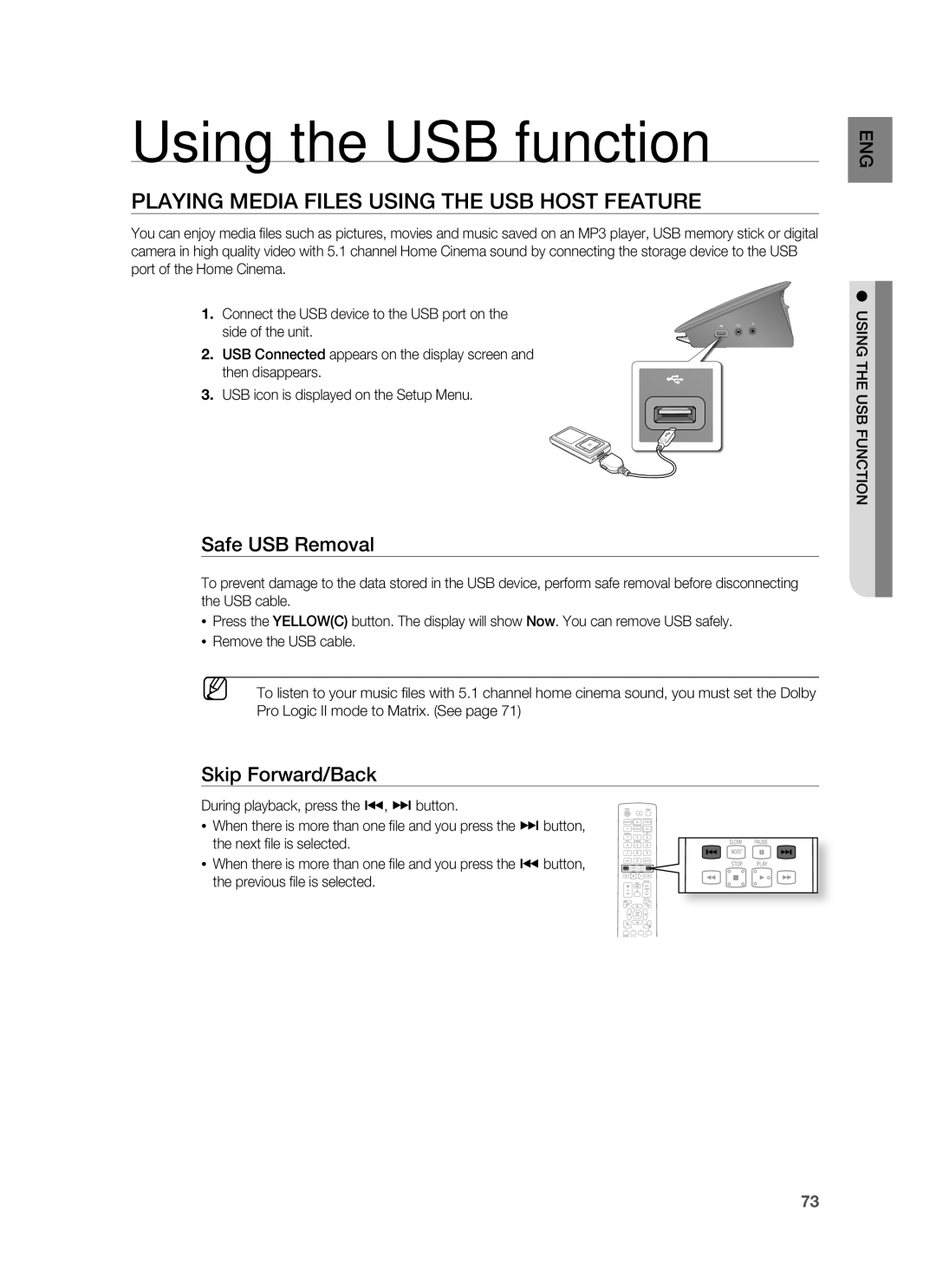 Samsung HT-BD7255R/XER manual Using the USB function, Playing Media Files Using the USB Host Feature, Safe USB Removal 