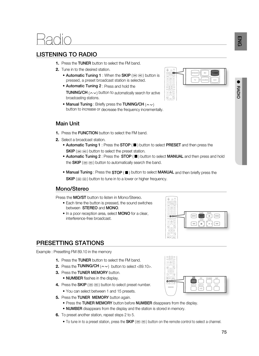 Samsung HT-BD7255R/XER manual Listening to Radio, Presetting Stations, Main Unit, Mono/Stereo 