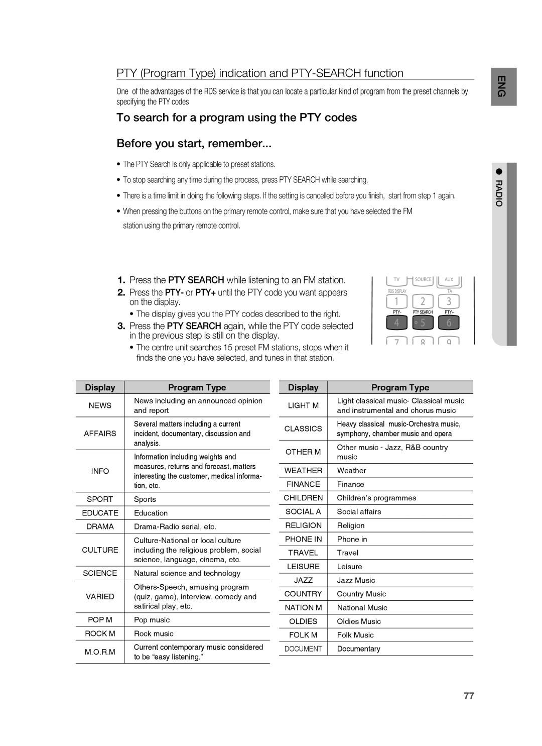 Samsung HT-BD7255R/XER manual PTY Program Type indication and PTY-SEARCH function 