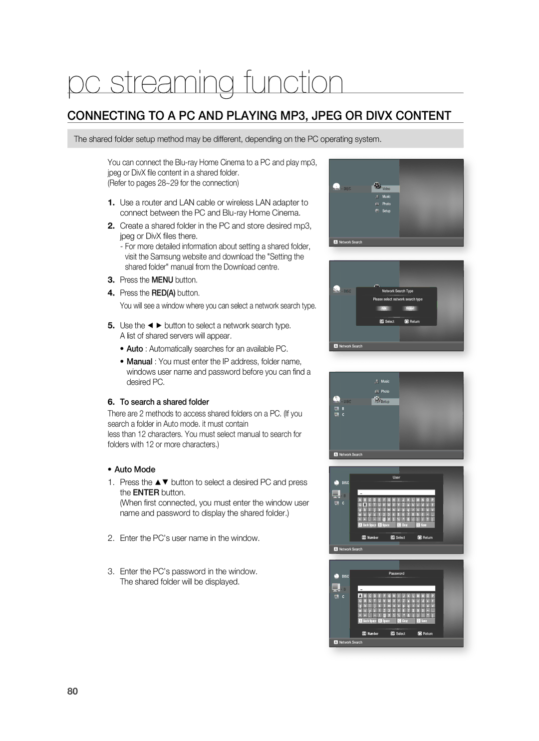 Samsung HT-BD7255R/XER manual Pc streaming function, Connecting to a PC and Playing MP3, Jpeg or Divx Content 