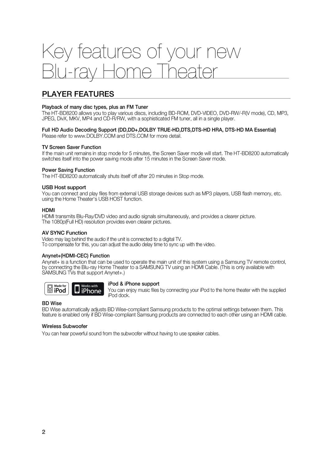 Samsung HT-BD8200 user manual Player Features, Playback of many disc types, plus an FM Tuner, Hdmi 