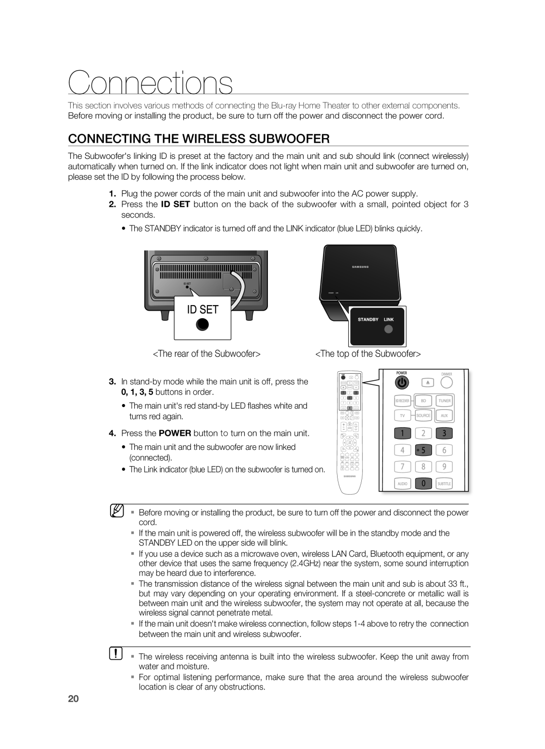 Samsung HT-BD8200 user manual Connections, Connecting the Wireless Subwoofer, Rear of the Subwoofer 