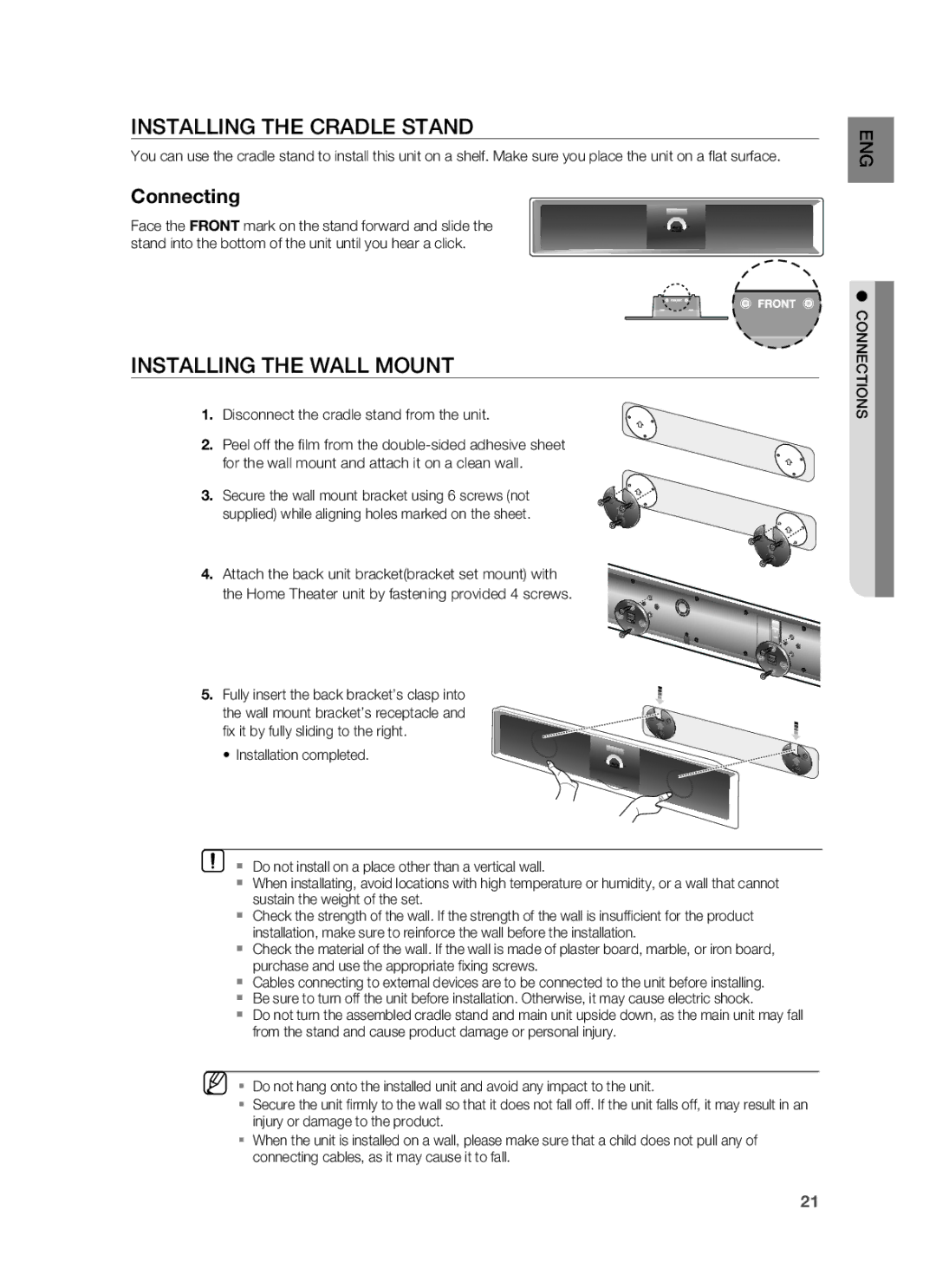 Samsung HT-BD8200 user manual Installing the Cradle Stand, Installing the Wall Mount, Connections 