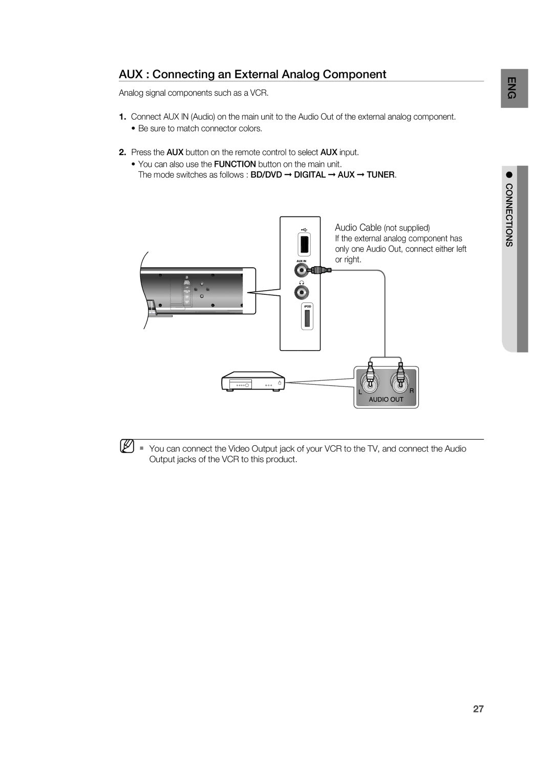 Samsung HT-BD8200 user manual AUX Connecting an External Analog Component 