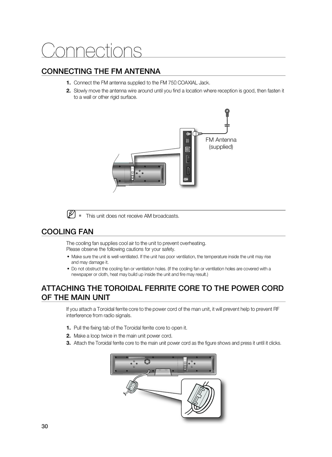 Samsung HT-BD8200 Connecting the FM Antenna, Cooling FAN, FM Antenna Supplied,  This unit does not receive AM broadcasts 