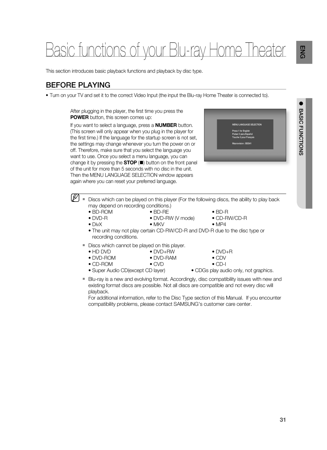 Samsung HT-BD8200 user manual Before Playing, Basic Functions, Mkv, Hd Dvd Dvd+Rw Dvd-Rom Dvd-Ram Cdv Cd-Rom Cvd 