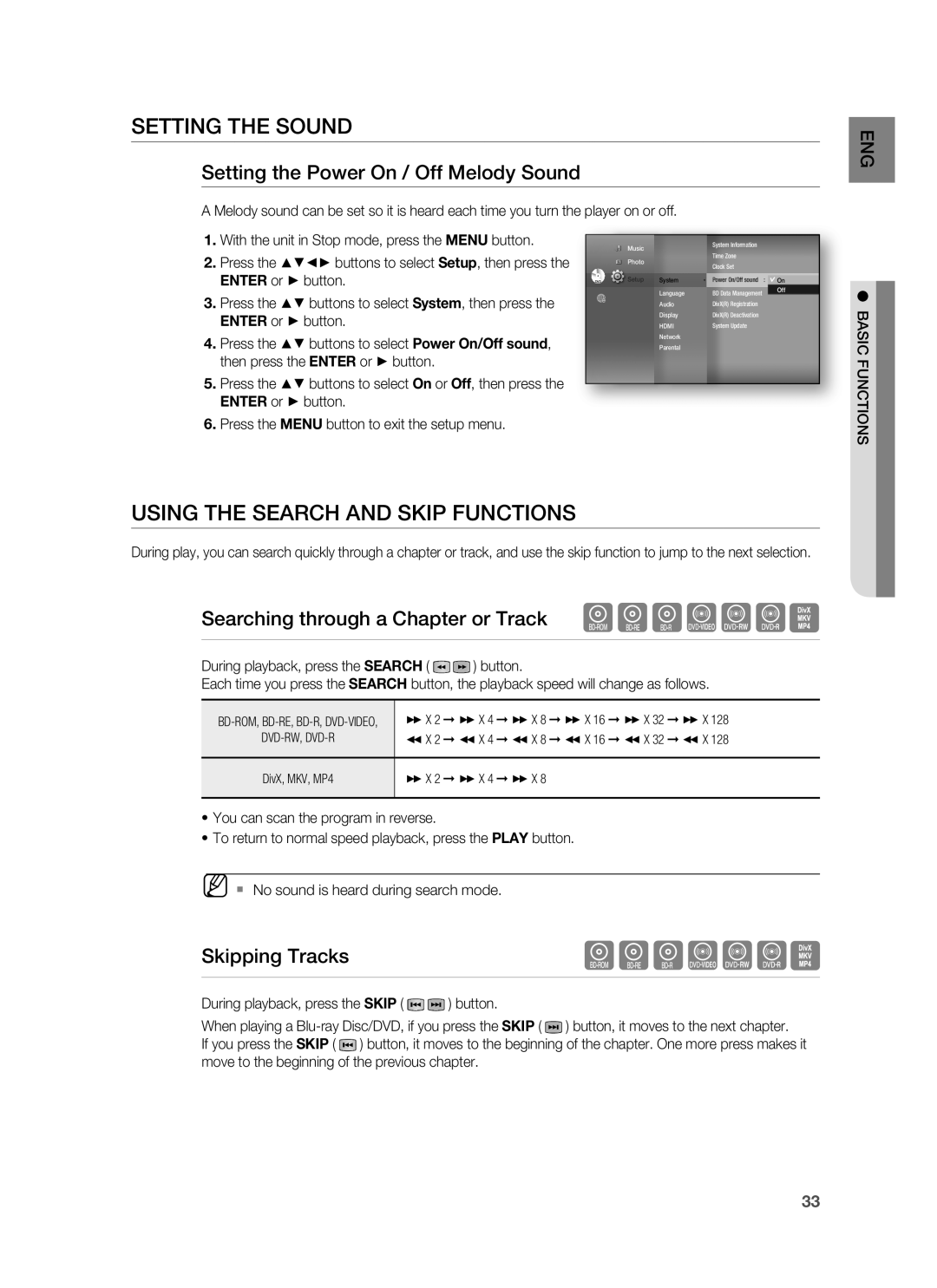 Samsung HT-BD8200 Setting the Sound, Using the Search and Skip Functions, Setting the Power On / Off Melody Sound 