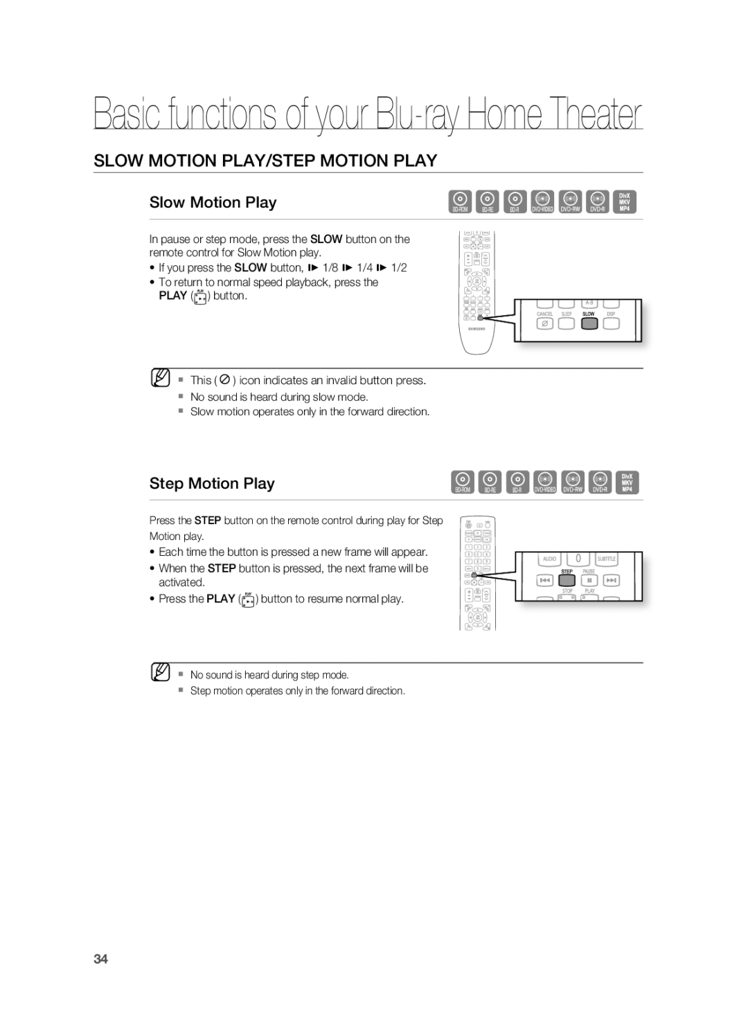 Samsung HT-BD8200 user manual Slow Motion PLAY/STEP Motion Play, Slow Motion Play, Step Motion Play 