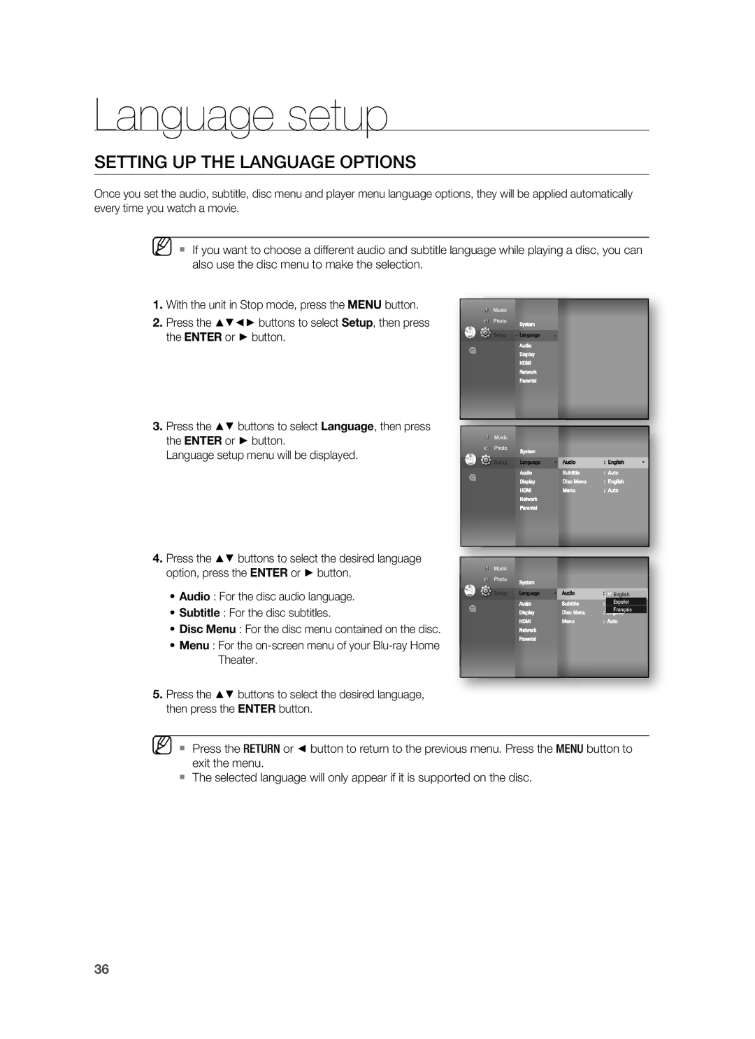 Samsung HT-BD8200 user manual Language setup, Setting UP the Language Options 