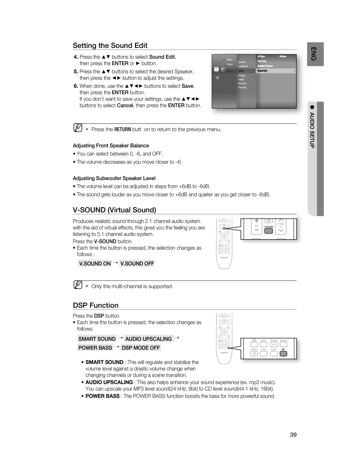 Samsung HT-BD8200 user manual Sound Virtual Sound, DSP Function, Sound on V.SOUND OFF 