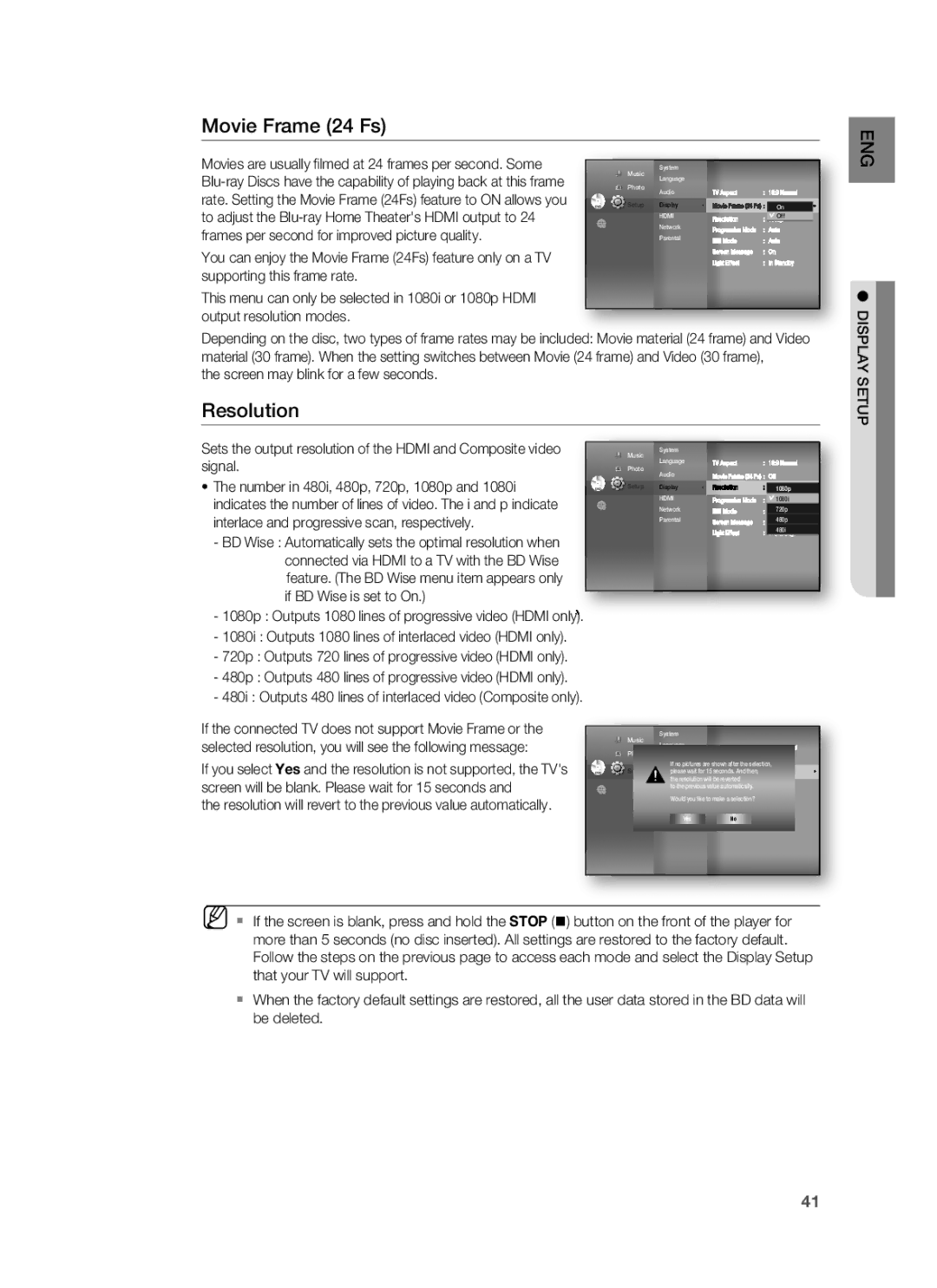 Samsung HT-BD8200 user manual Movie Frame 24 Fs, Resolution, Screen may blink for a few seconds, Display Setup 