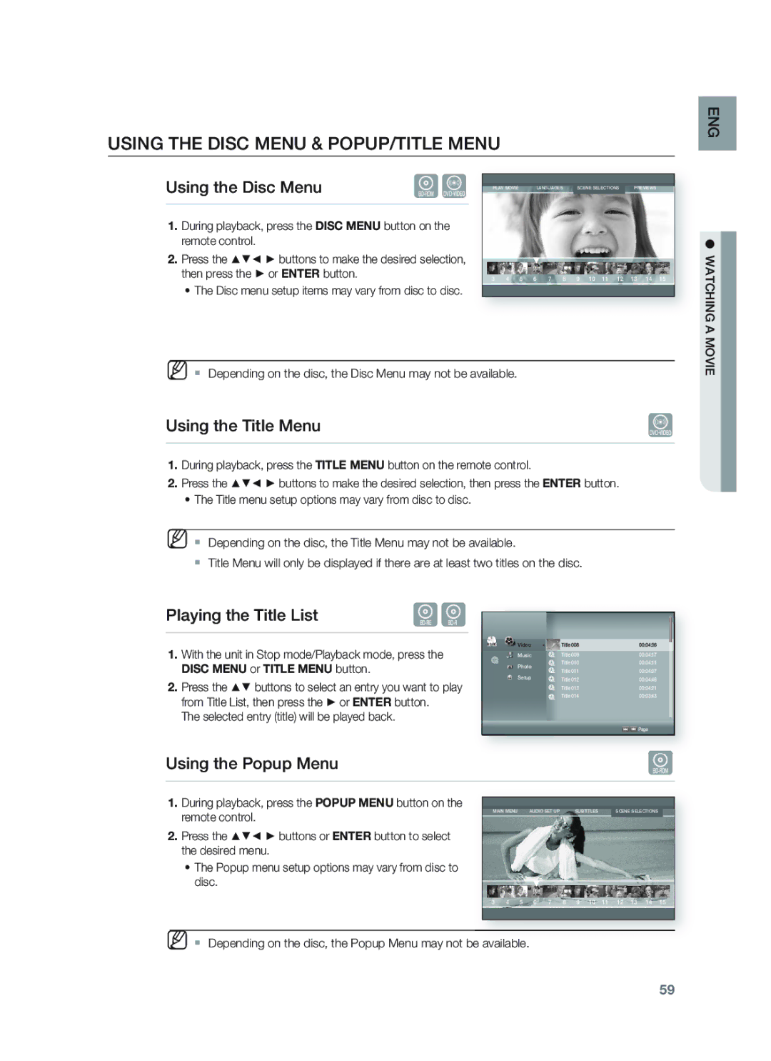 Samsung HT-BD8200 user manual Using the Disc Menu & POPUP/TITLE Menu 