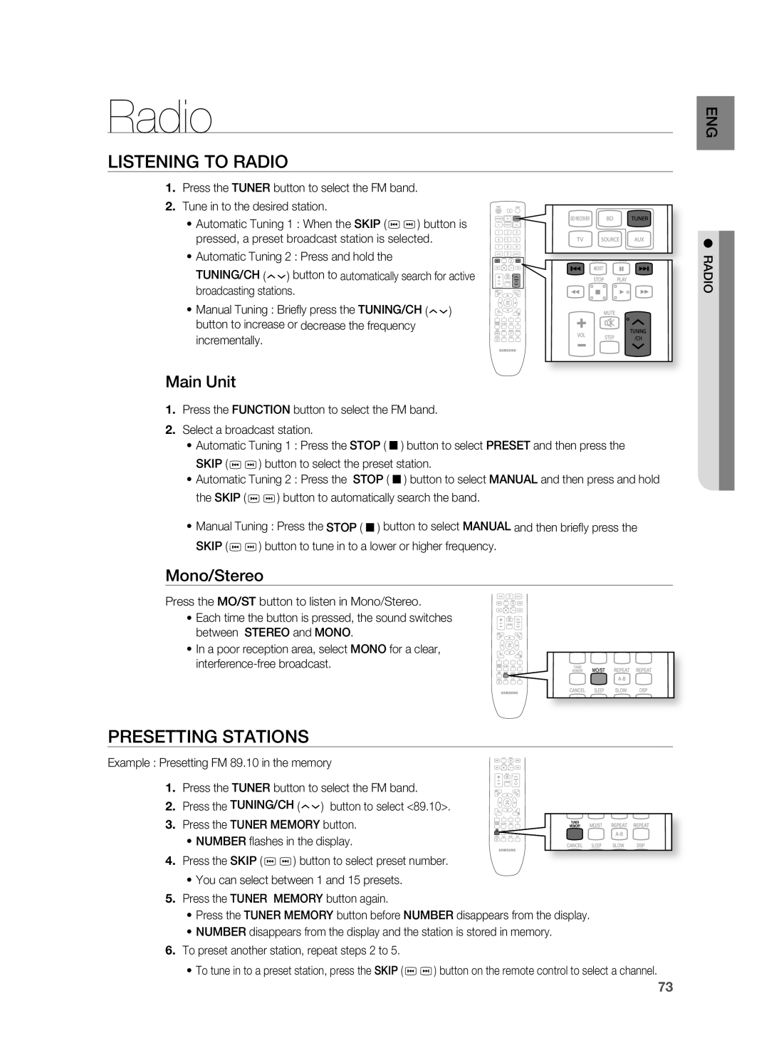 Samsung HT-BD8200 user manual Listening to Radio, Presetting Stations, Main Unit, Mono/Stereo 