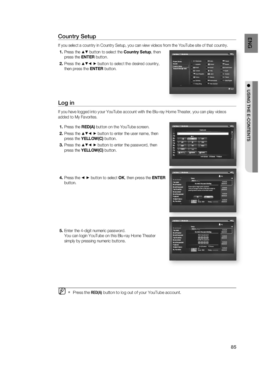 Samsung HT-BD8200 Country Setup, Log, Using the E, Contents,  Press the Reda button to log out of your YouTube account 