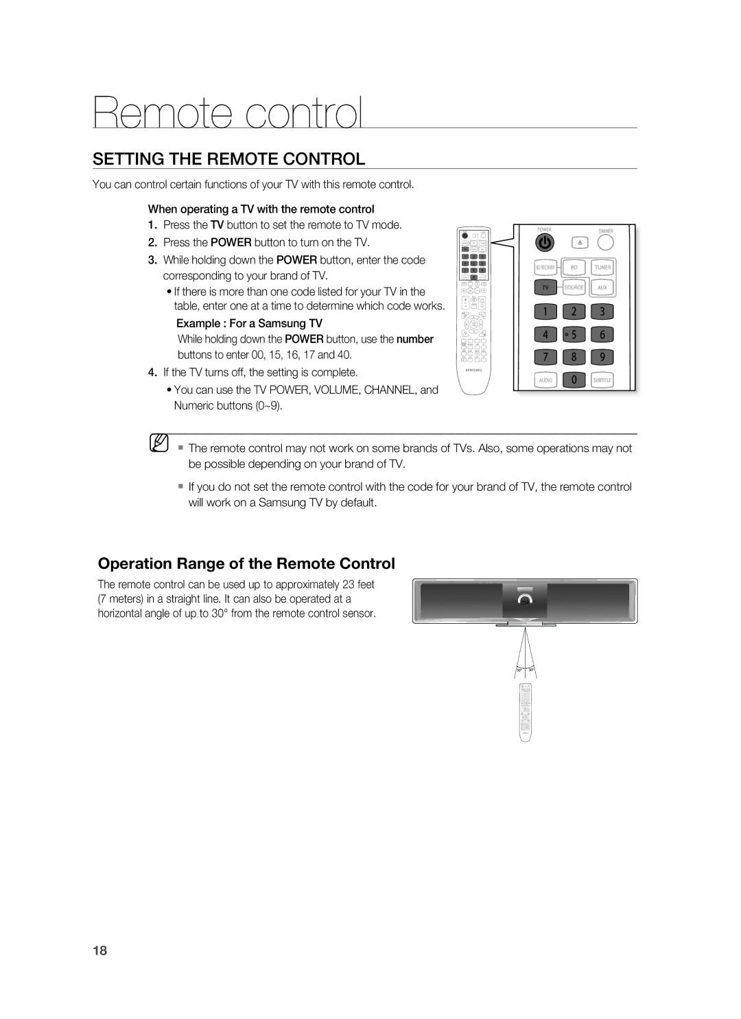 Samsung HT-BD8200 user manual Setting the Remote Control, Operation Range of the Remote Control 