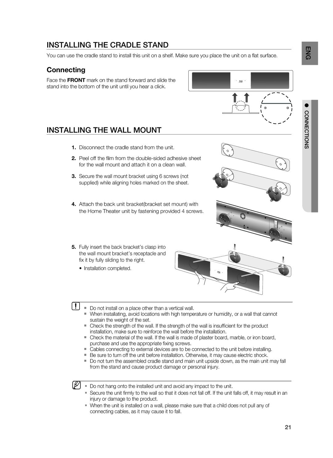 Samsung HT-BD8200 user manual Installing the Cradle Stand, Installing the Wall Mount, Connections 