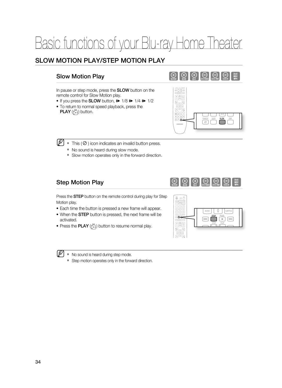 Samsung HT-BD8200 user manual Slow Motion PLAY/STEP Motion Play, Slow Motion Play, Step Motion Play 