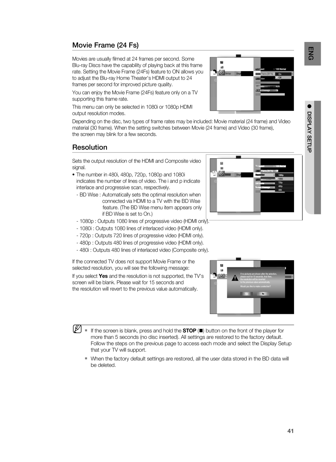 Samsung HT-BD8200 Movie Frame 24 Fs, Resolution, To adjust the Blu-ray Home Theaters Hdmi output to, Display Setup 