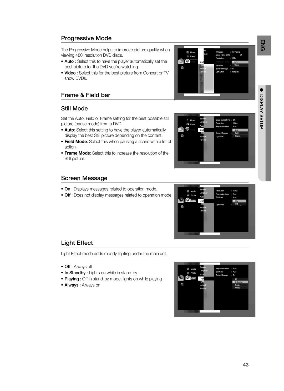 Samsung HT-BD8200 user manual Progressive Mode, Frame & Field bar, Screen Message, Light Effect 