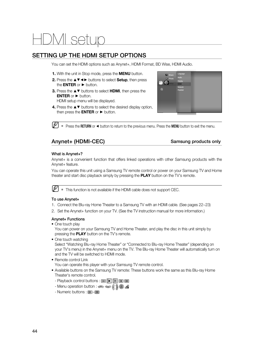 Samsung HT-BD8200 user manual Hdmi setup, Setting UP the Hdmi Setup Options, Anynet+ HDMI-CEC, Samsung products only 