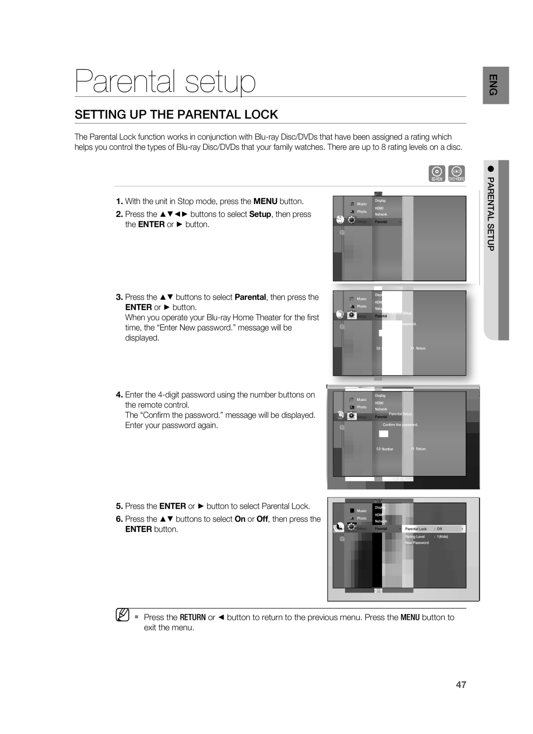 Samsung HT-BD8200 user manual Parental setup, Setting UP the Parental Lock, Parental Setup 