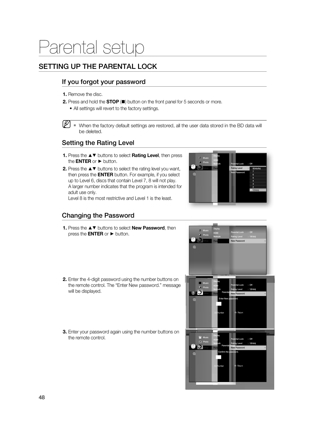 Samsung HT-BD8200 user manual If you forgot your password, Setting the Rating Level, Changing the Password 