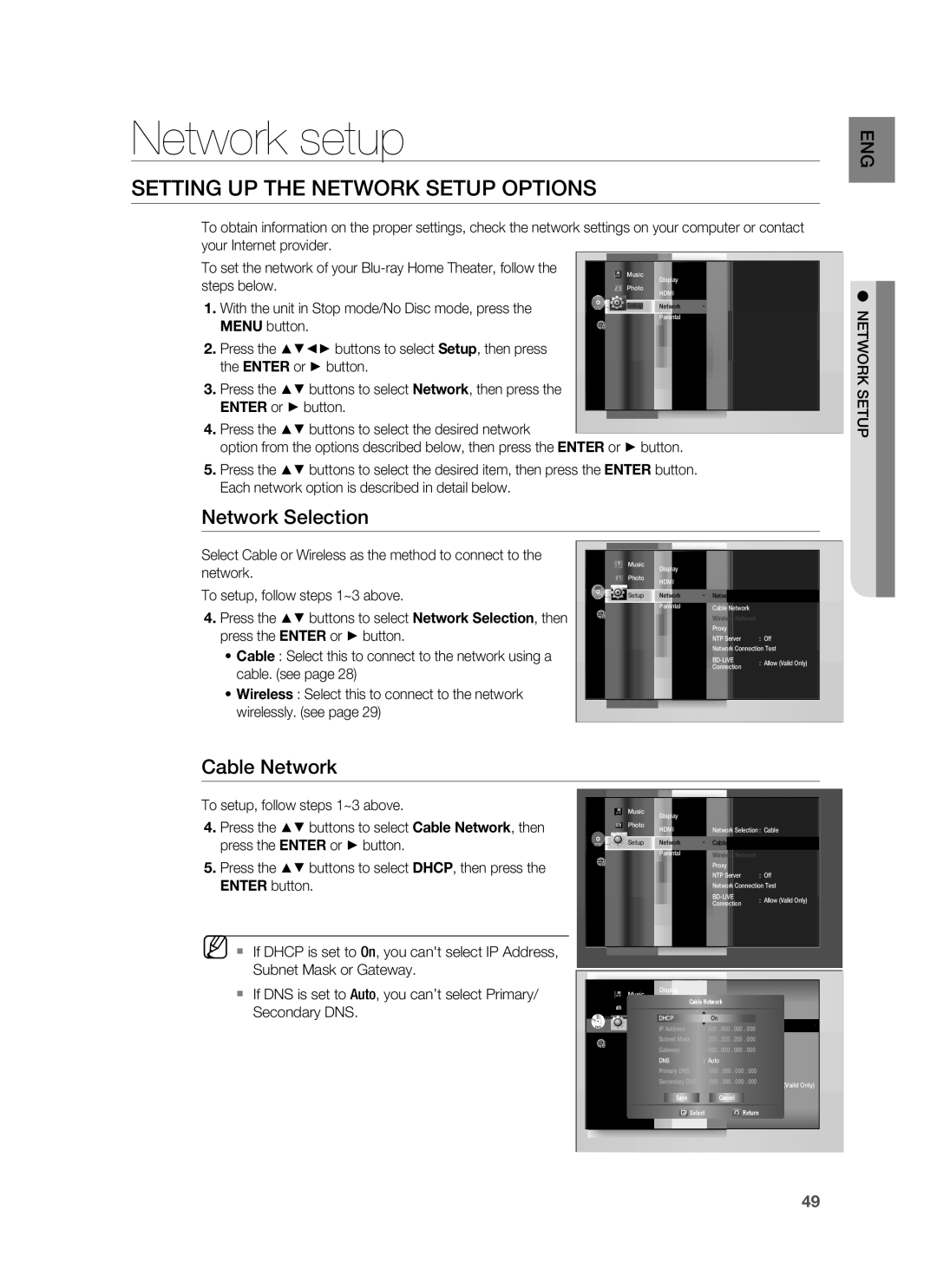 Samsung HT-BD8200 user manual Setting UP the Network Setup Options, Network Selection, Cable Network 