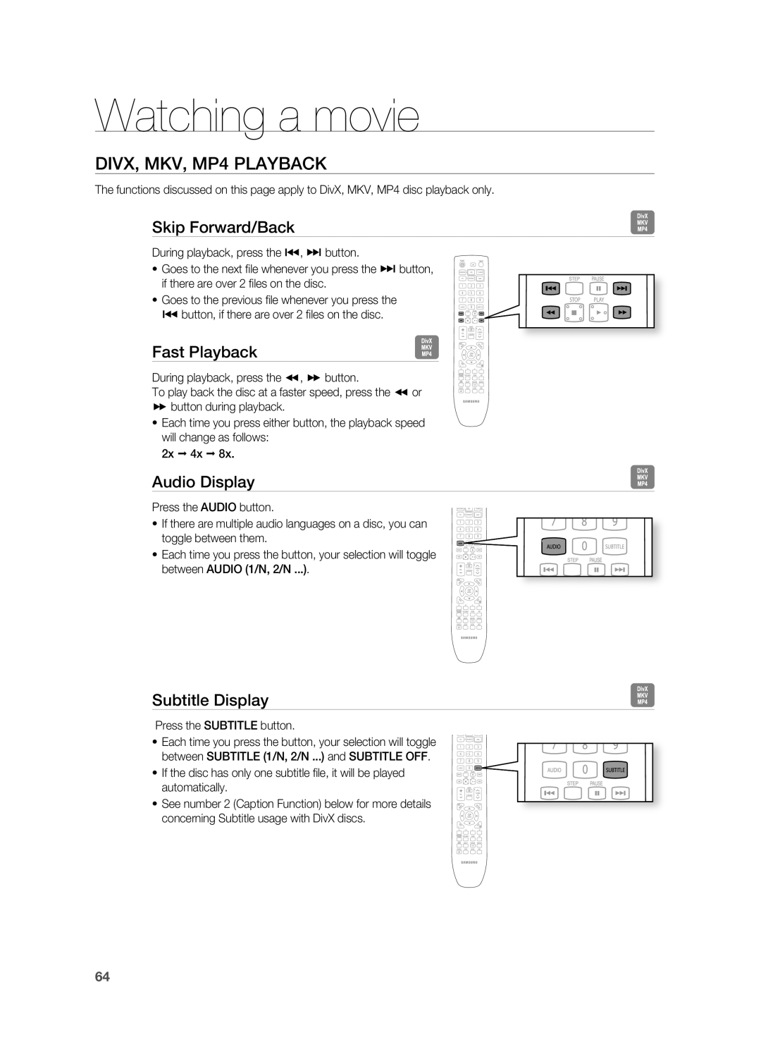 Samsung HT-BD8200 user manual DIVX, MKV, MP4 Playback, Skip Forward/Back, Fast Playback, Audio Display, Subtitle Display 