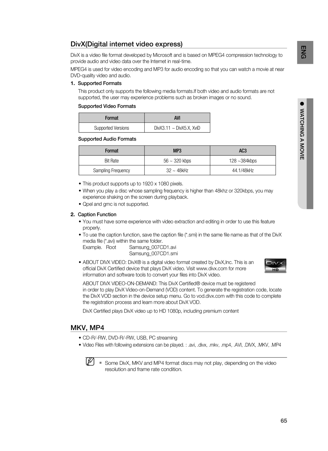 Samsung HT-BD8200 user manual DivXDigital internet video express, Avi, Watching a Movie 