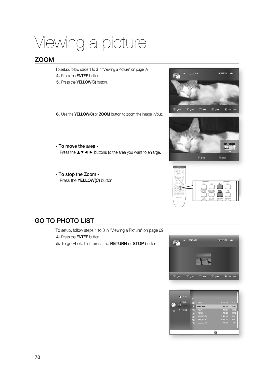 Samsung HT-BD8200 user manual GO to Photo List, To move the area, To stop the Zoom 