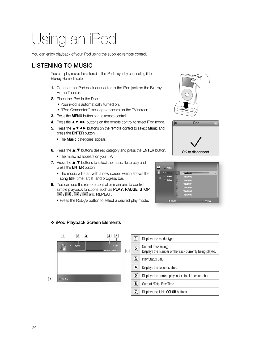 Samsung HT-BD8200 user manual Using an iPod, Listening to Music, IPod Playback Screen Elements 