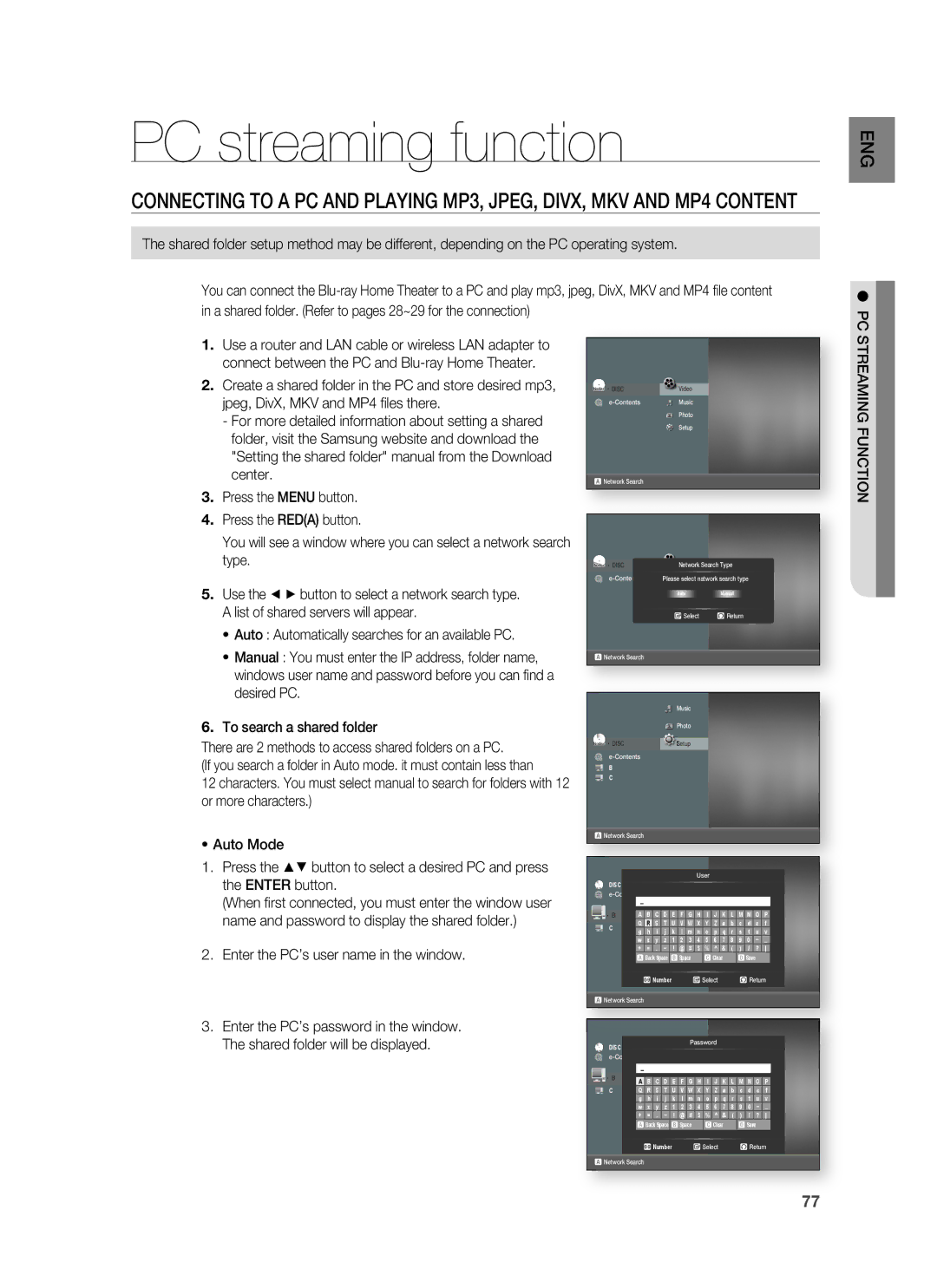 Samsung HT-BD8200 user manual PC streaming function, Enter the PC’s user name in the window, PC Streaming Function 